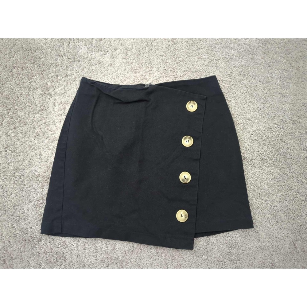 Topshop Skirt Womens 8 Black Denim Asymmetrical Wrap Style Four Button Mini